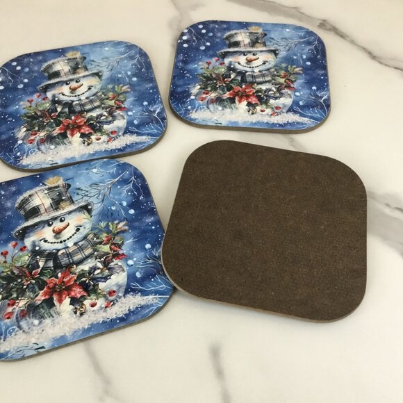 Snowman Hardboard Coasters Plaid Top Hat, Wintery Blue Background Set of 4 - Picture 6 of 7